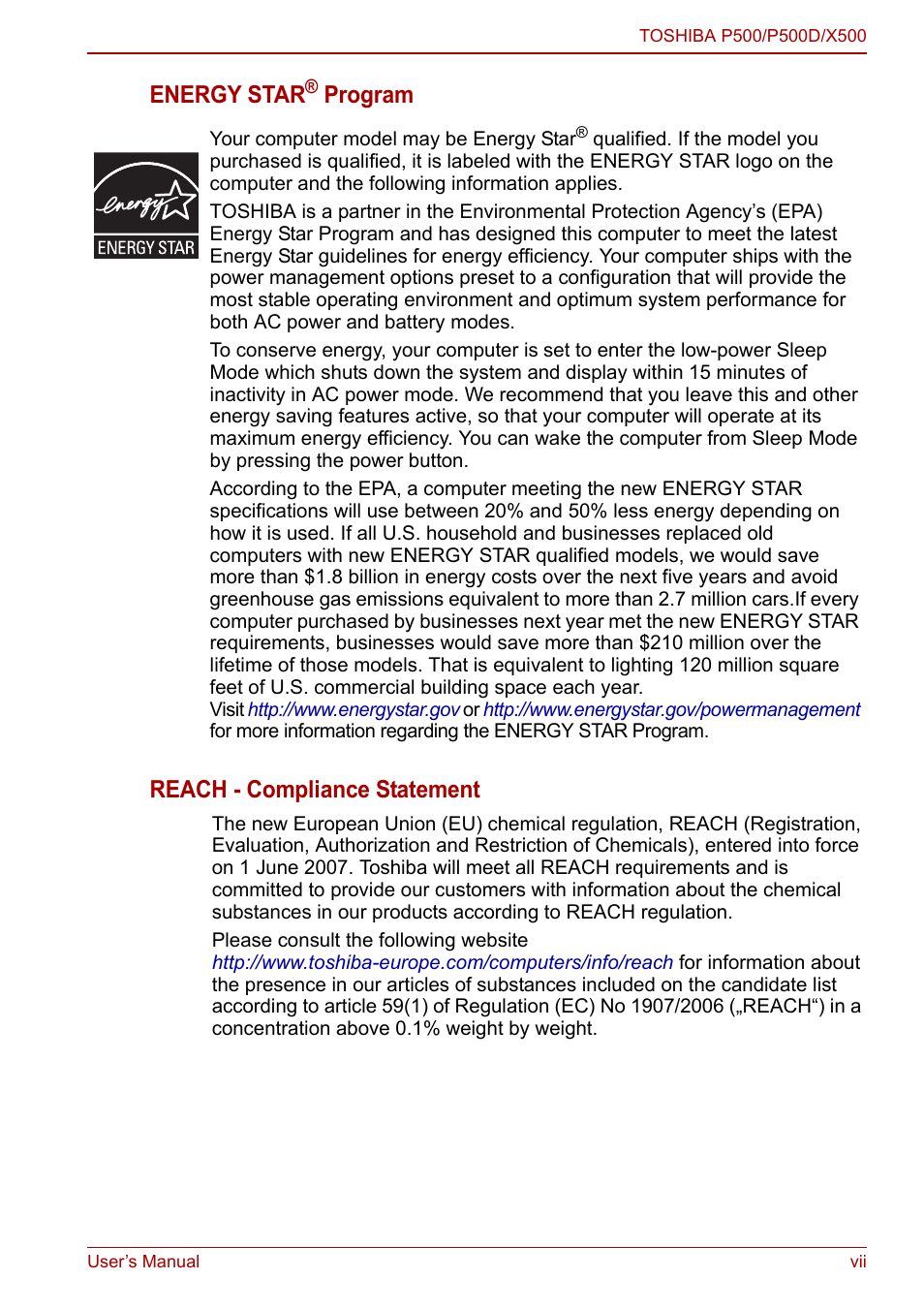 Energy star, Program reach - compliance statement | Toshiba SATELLITE P500 User Manual | Page 7 / 202