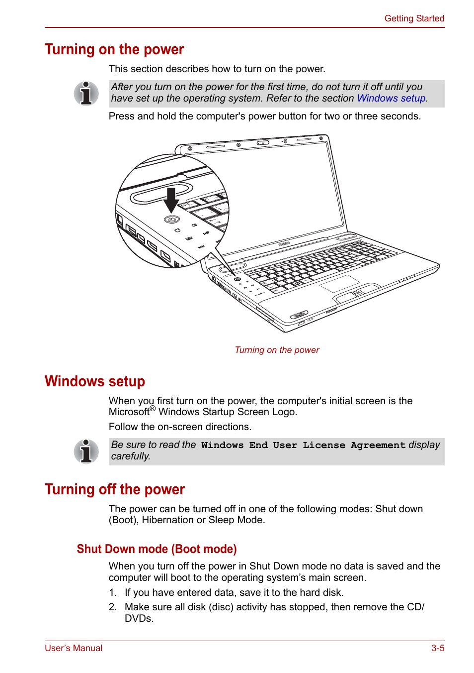 Turning on the power, Windows setup, Turning off the power | Shut down mode (boot mode) | Toshiba SATELLITE P500 User Manual | Page 70 / 202