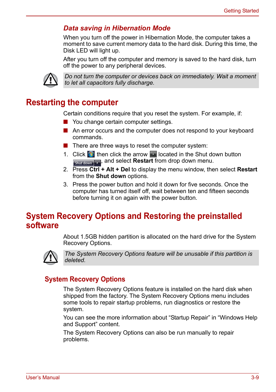 Restarting the computer | Toshiba SATELLITE P500 User Manual | Page 74 / 202