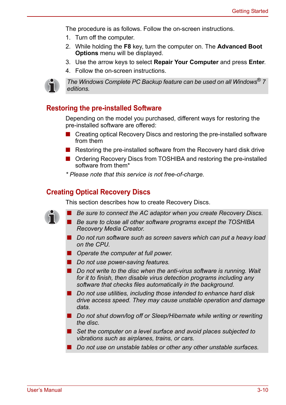 Restoring the pre-installed software, Creating optical recovery discs | Toshiba SATELLITE P500 User Manual | Page 75 / 202