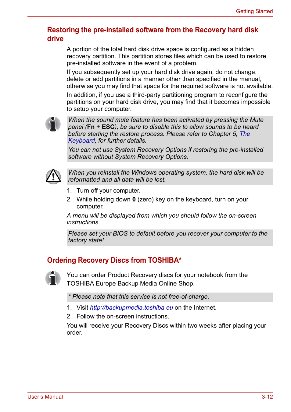 Ordering recovery discs from toshiba | Toshiba SATELLITE P500 User Manual | Page 77 / 202