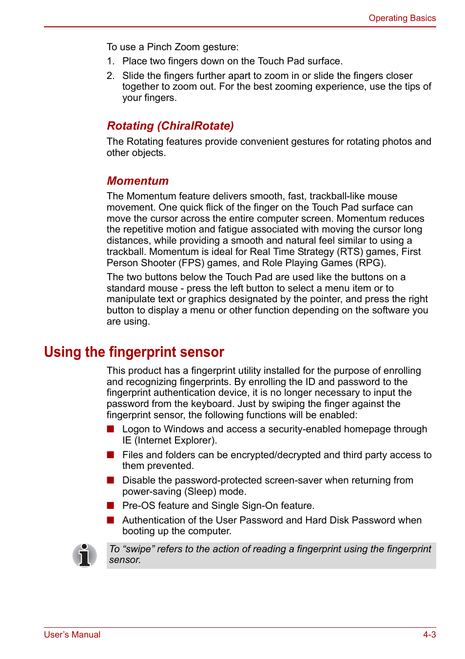 Using the fingerprint sensor, Using the fingerprint sensor -3 | Toshiba SATELLITE P500 User Manual | Page 80 / 202