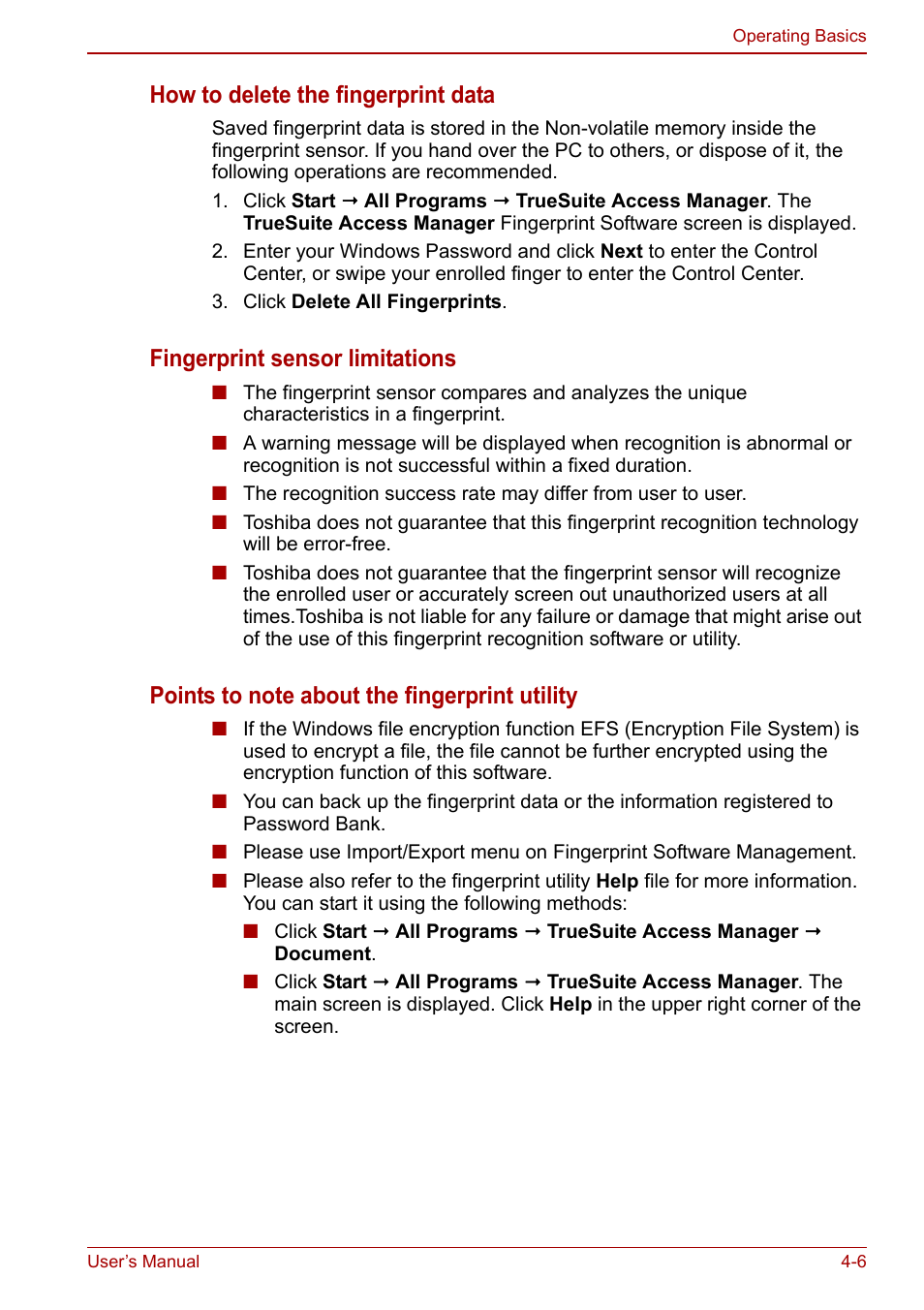 How to delete the fingerprint data, Fingerprint sensor limitations | Toshiba SATELLITE P500 User Manual | Page 83 / 202