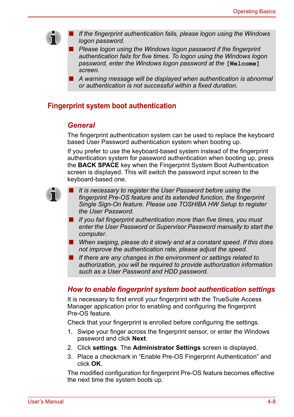 Fingerprint system boot authentication | Toshiba SATELLITE P500 User Manual | Page 85 / 202