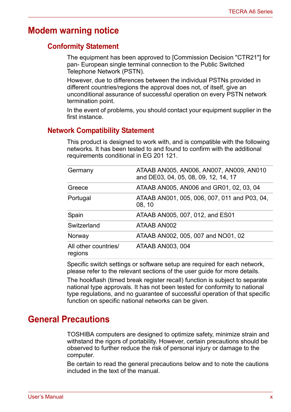 Modem warning notice, General precautions, Conformity statement | Network compatibility statement | Toshiba Tecra A6 (PTA60E) User Manual | Page 10 / 165