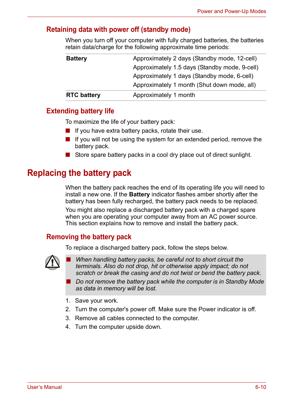 Replacing the battery pack, Replacing the battery pack -10, Retaining data with power off (standby mode) | Extending battery life, Removing the battery pack | Toshiba Tecra A6 (PTA60E) User Manual | Page 100 / 165