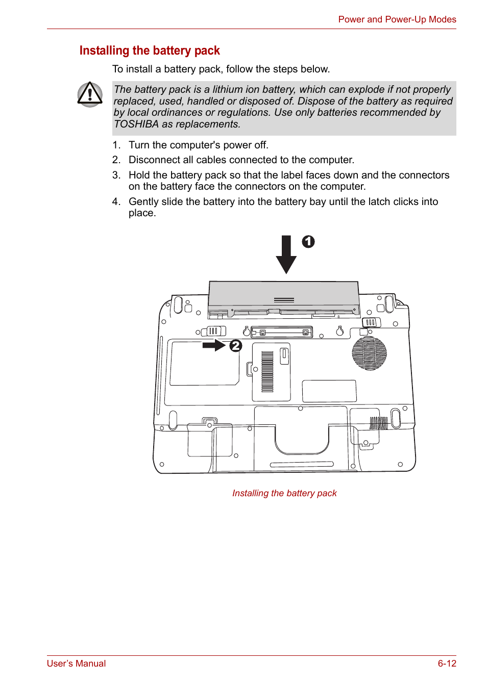 Installing the battery pack | Toshiba Tecra A6 (PTA60E) User Manual | Page 102 / 165