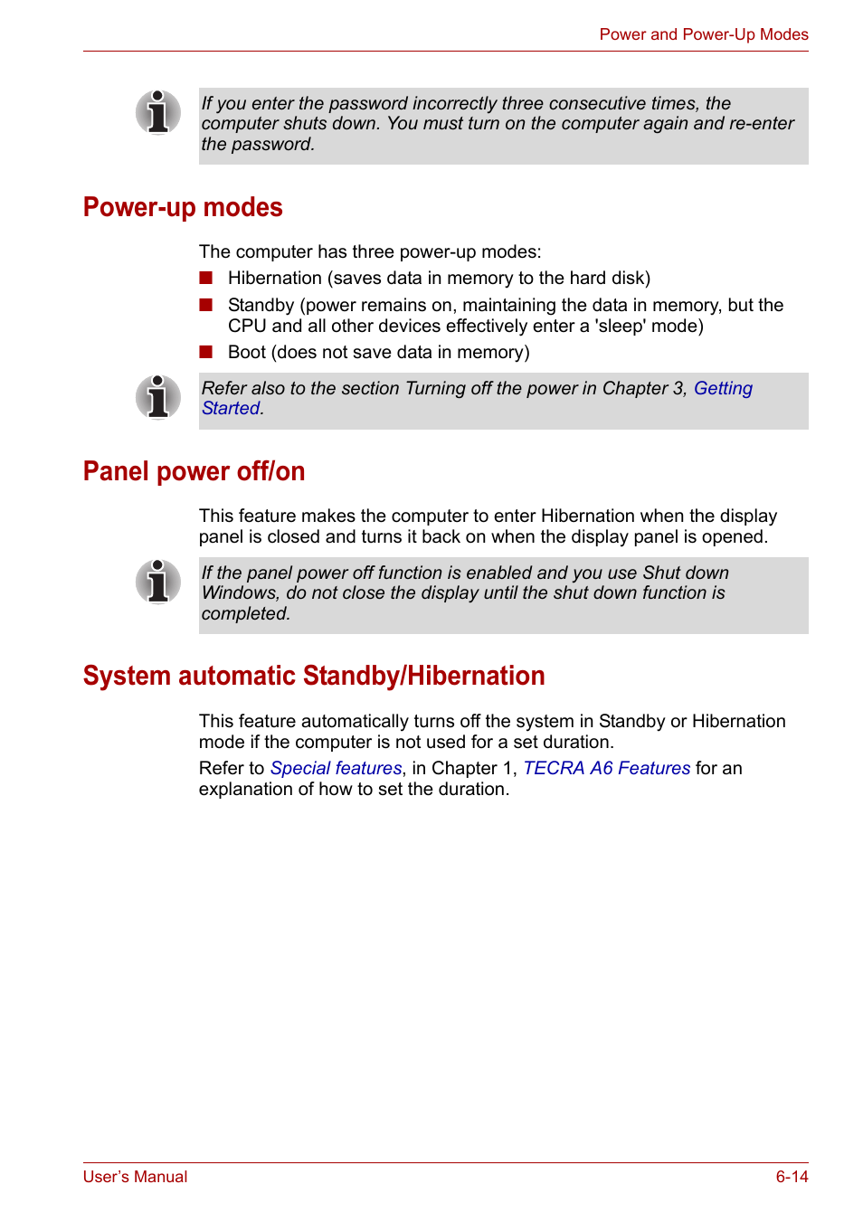 Power-up modes, Panel power off/on, System automatic standby/hibernation | Toshiba Tecra A6 (PTA60E) User Manual | Page 104 / 165