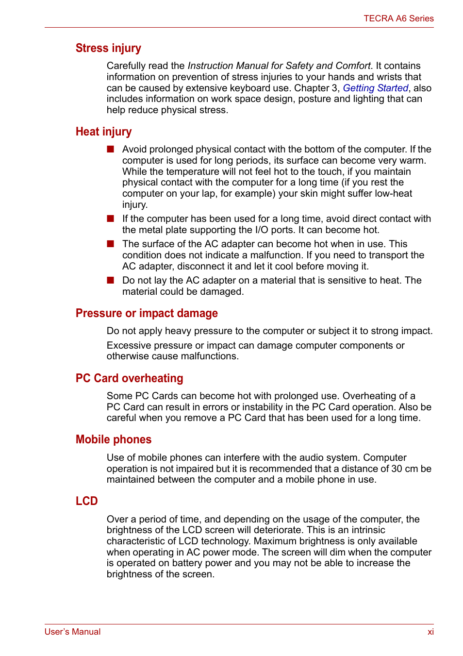 Stress injury, Heat injury, Pressure or impact damage | Pc card overheating, Mobile phones | Toshiba Tecra A6 (PTA60E) User Manual | Page 11 / 165