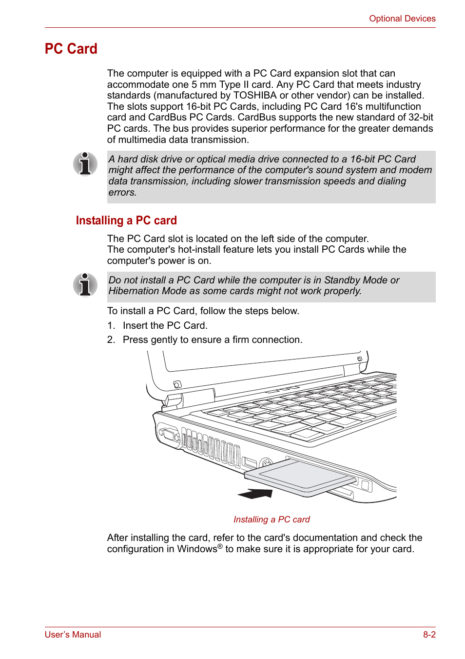 Pc card, Pc card -2, Installing a pc card | Toshiba Tecra A6 (PTA60E) User Manual | Page 110 / 165