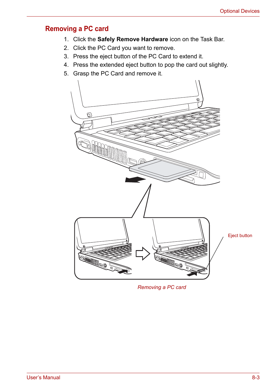 Removing a pc card | Toshiba Tecra A6 (PTA60E) User Manual | Page 111 / 165