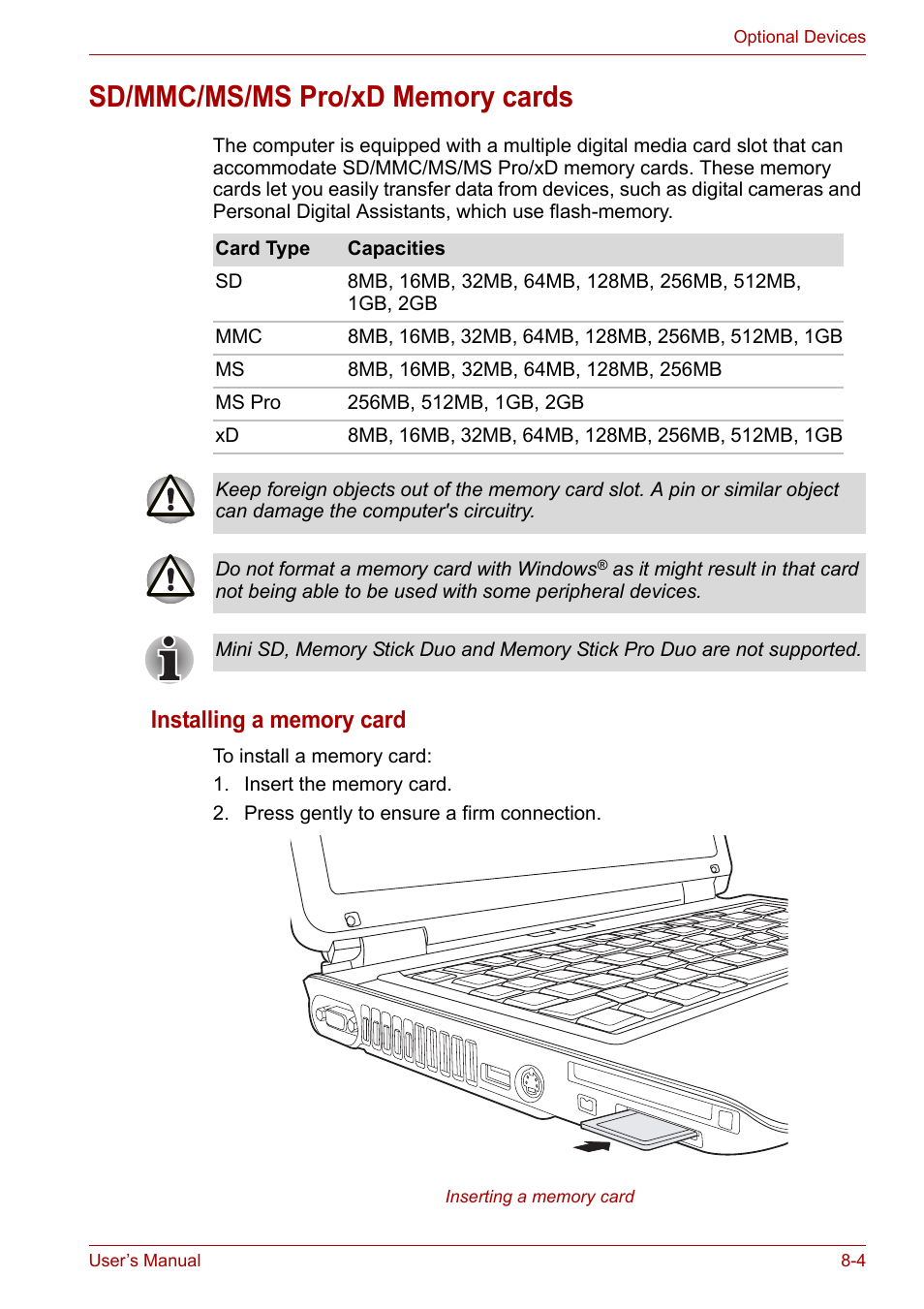 Sd/mmc/ms/ms pro/xd memory cards, Sd/mmc/ms/ms pro/xd memory cards -4 | Toshiba Tecra A6 (PTA60E) User Manual | Page 112 / 165