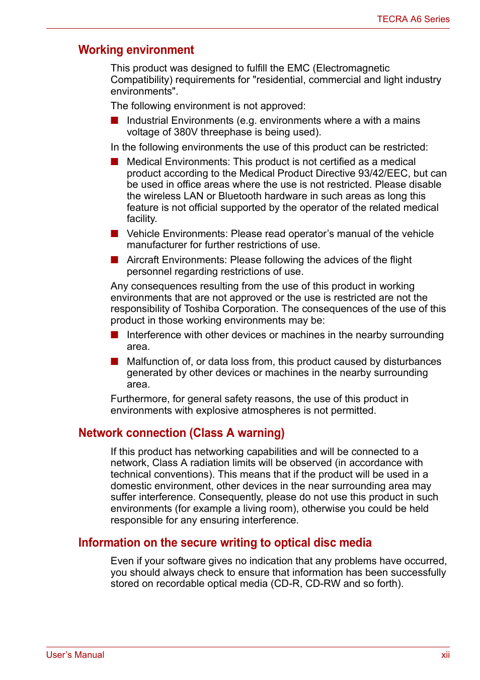 Working environment, Network connection (class a warning) | Toshiba Tecra A6 (PTA60E) User Manual | Page 12 / 165