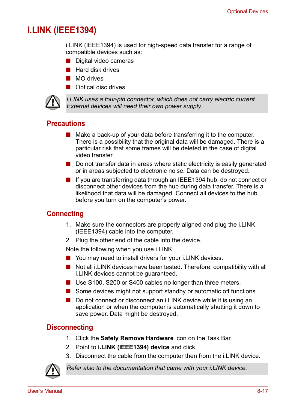 I.link (ieee1394), I.link (ieee1394) -17, Precautions | Connecting, Disconnecting | Toshiba Tecra A6 (PTA60E) User Manual | Page 125 / 165
