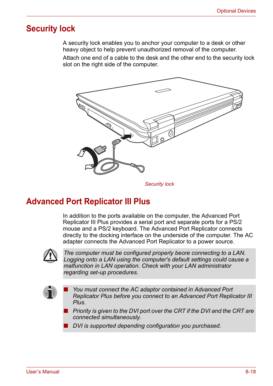 Security lock, Advanced port replicator iii plus | Toshiba Tecra A6 (PTA60E) User Manual | Page 126 / 165