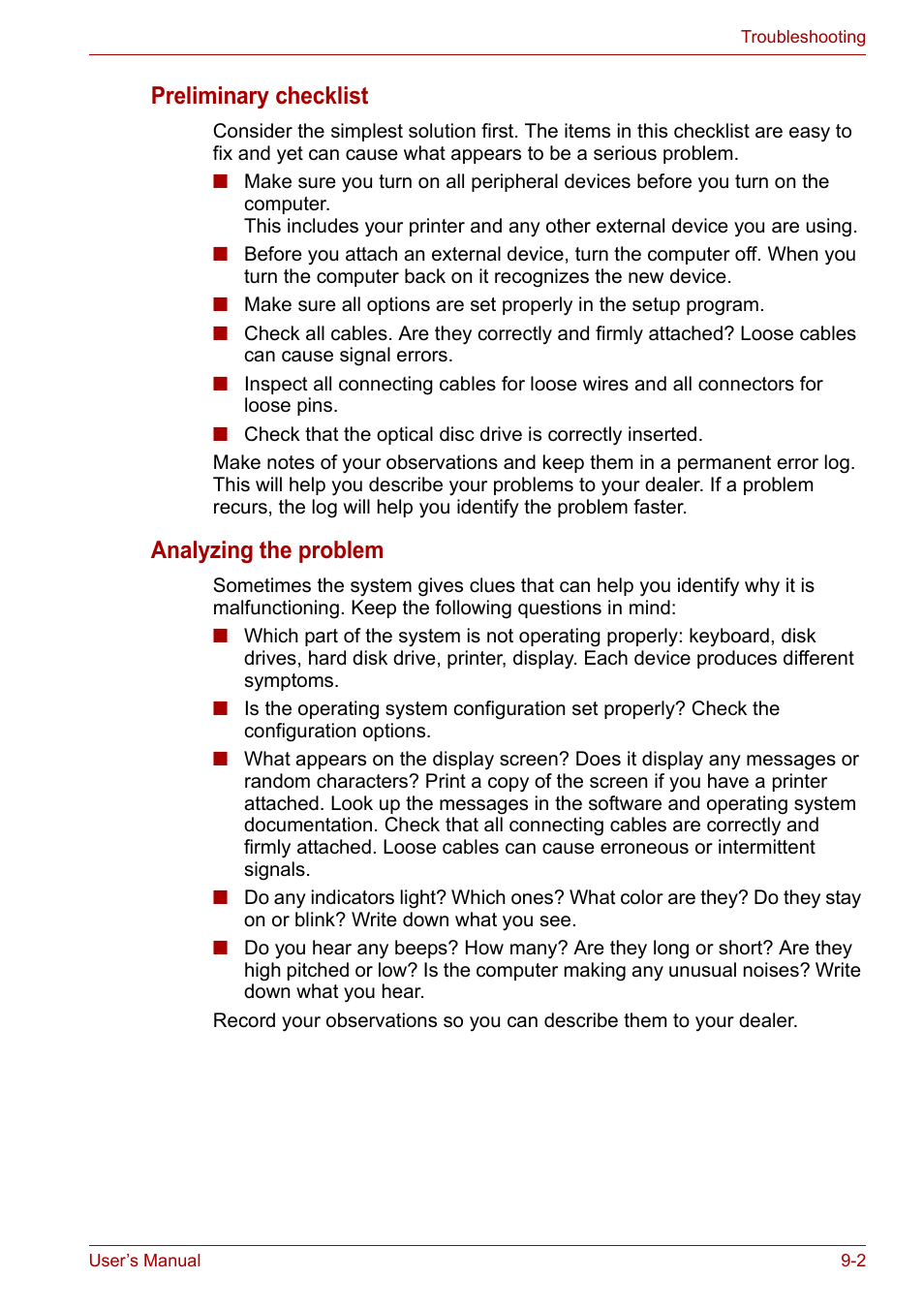 Preliminary checklist, Analyzing the problem | Toshiba Tecra A6 (PTA60E) User Manual | Page 129 / 165