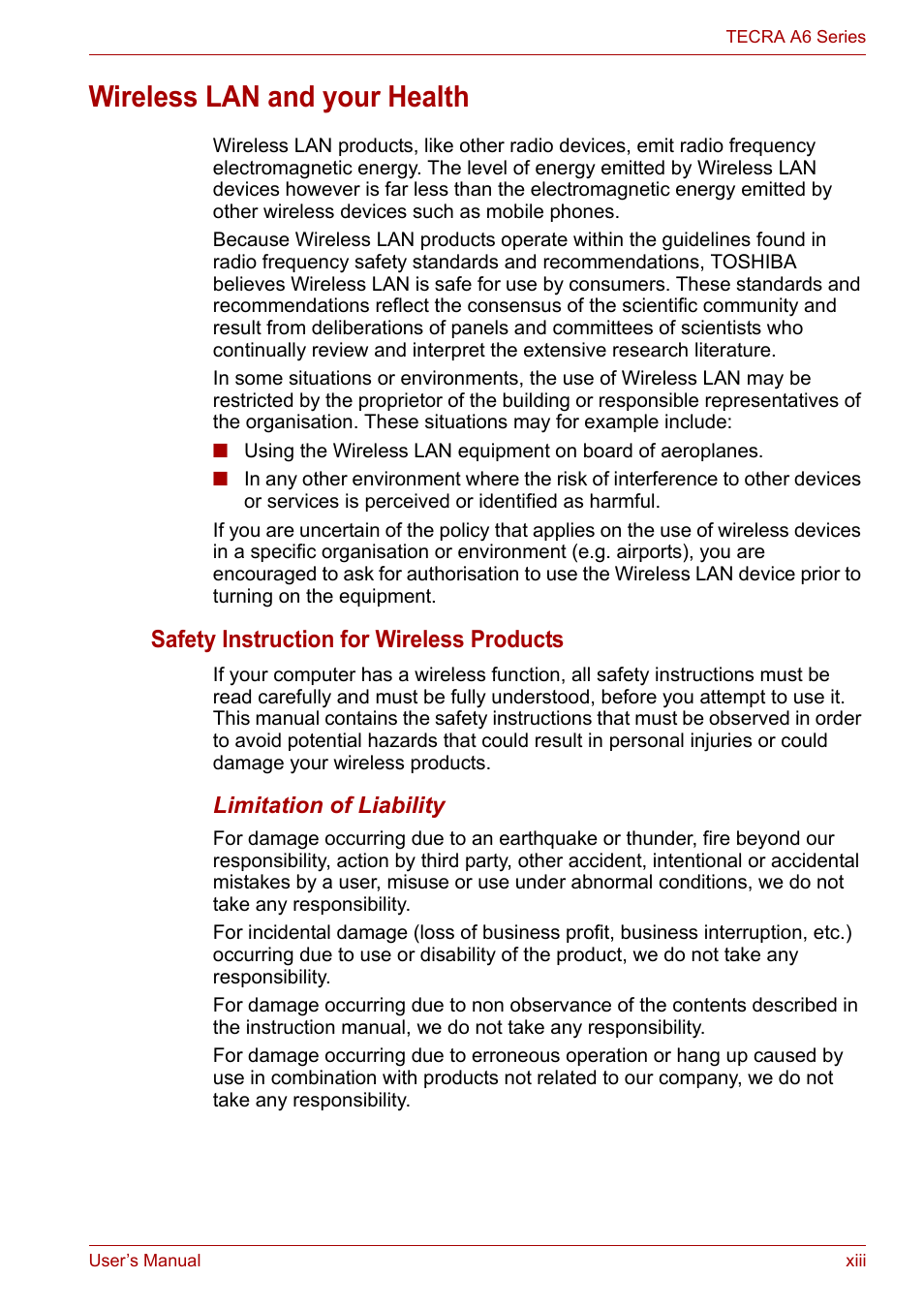 Wireless lan and your health, Safety instruction for wireless products | Toshiba Tecra A6 (PTA60E) User Manual | Page 13 / 165