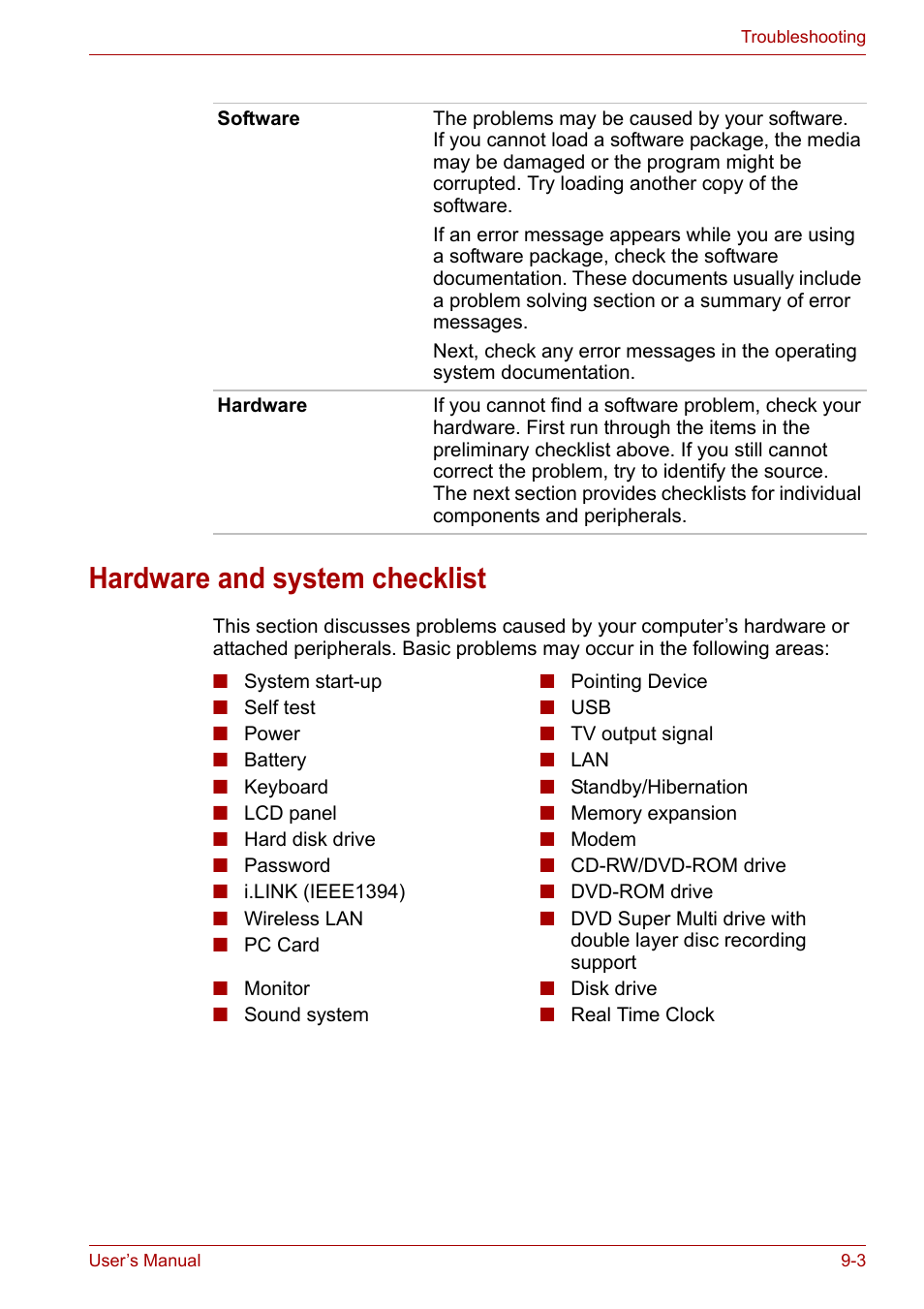 Hardware and system checklist, Hardware and system checklist -3 | Toshiba Tecra A6 (PTA60E) User Manual | Page 130 / 165