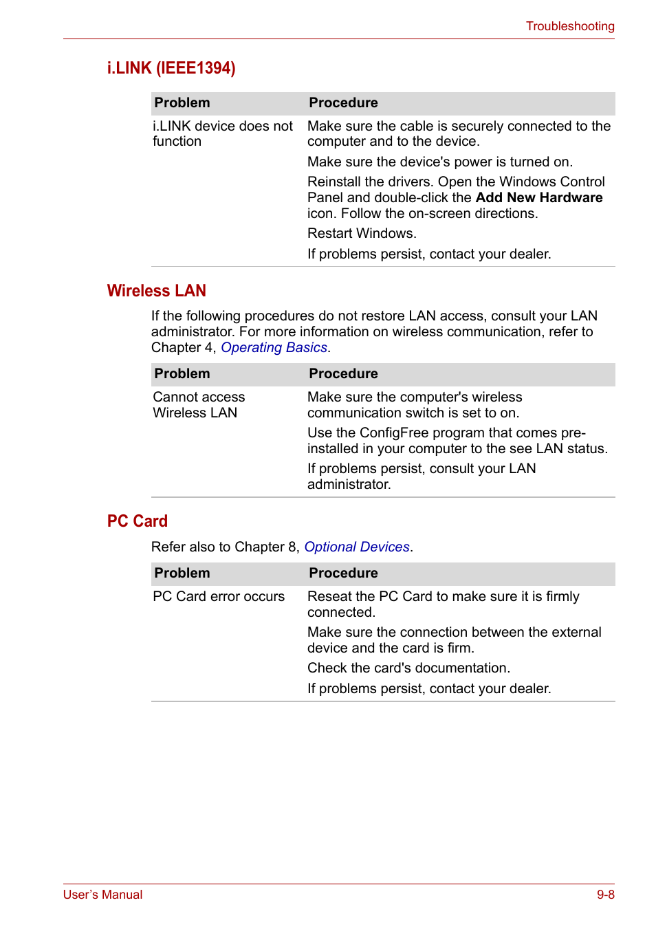I.link (ieee1394) wireless lan, Pc card | Toshiba Tecra A6 (PTA60E) User Manual | Page 135 / 165