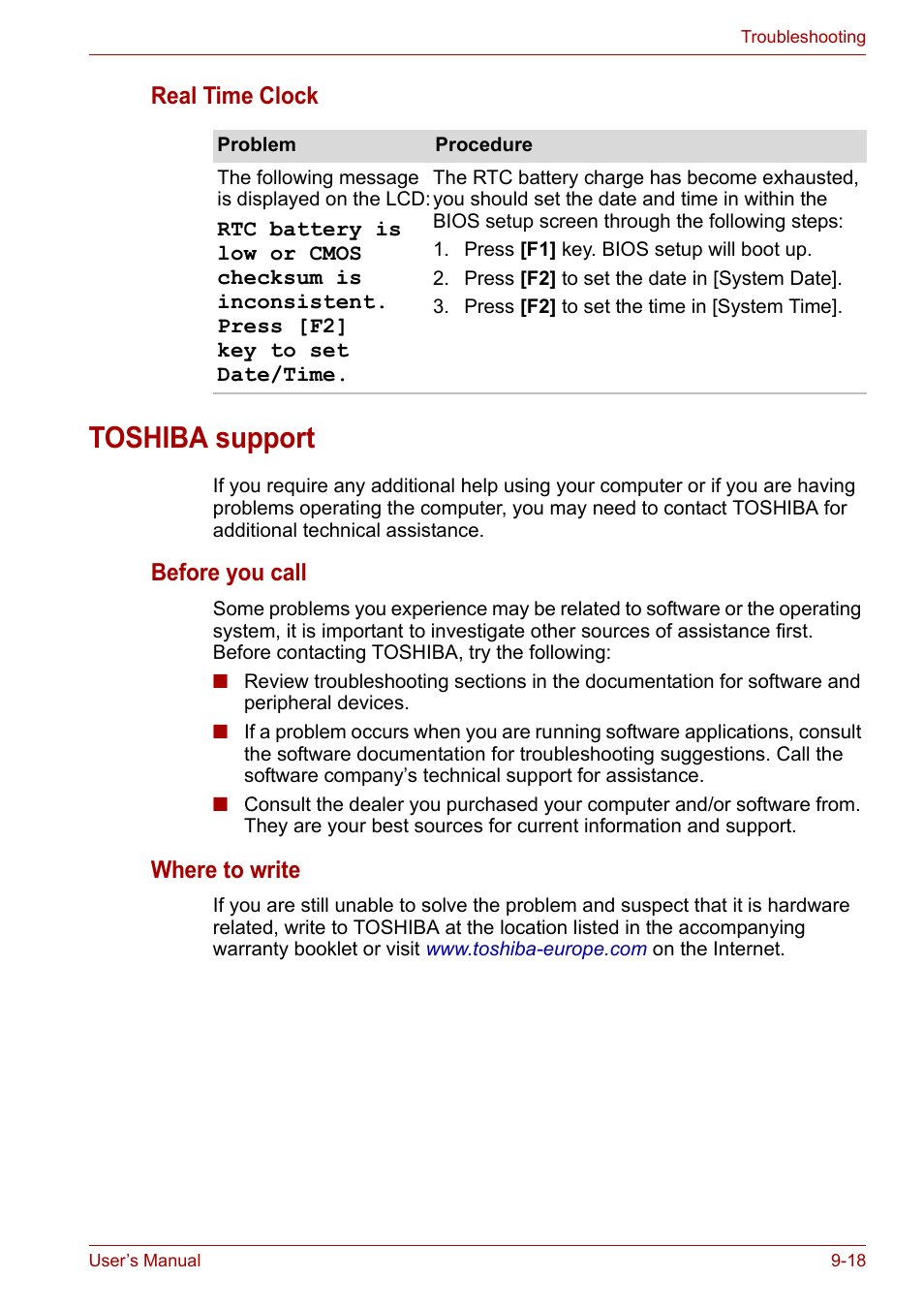 Toshiba support, Toshiba support -18 | Toshiba Tecra A6 (PTA60E) User Manual | Page 145 / 165