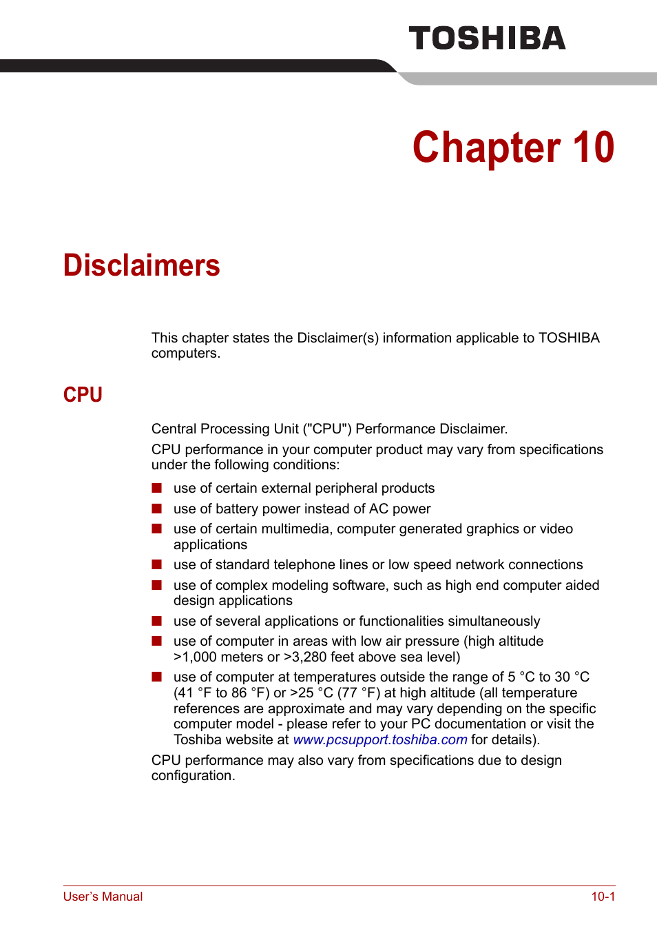 Chapter 10: disclaimers, Chapter 10, Disclaimers | Cpu -1 | Toshiba Tecra A6 (PTA60E) User Manual | Page 146 / 165