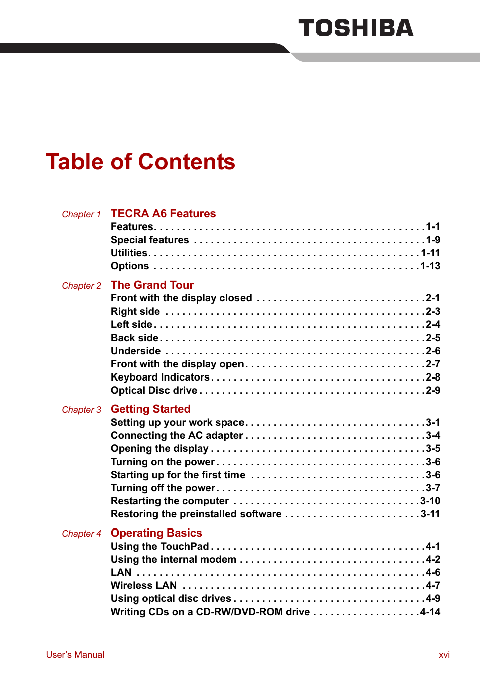 Toshiba Tecra A6 (PTA60E) User Manual | Page 16 / 165