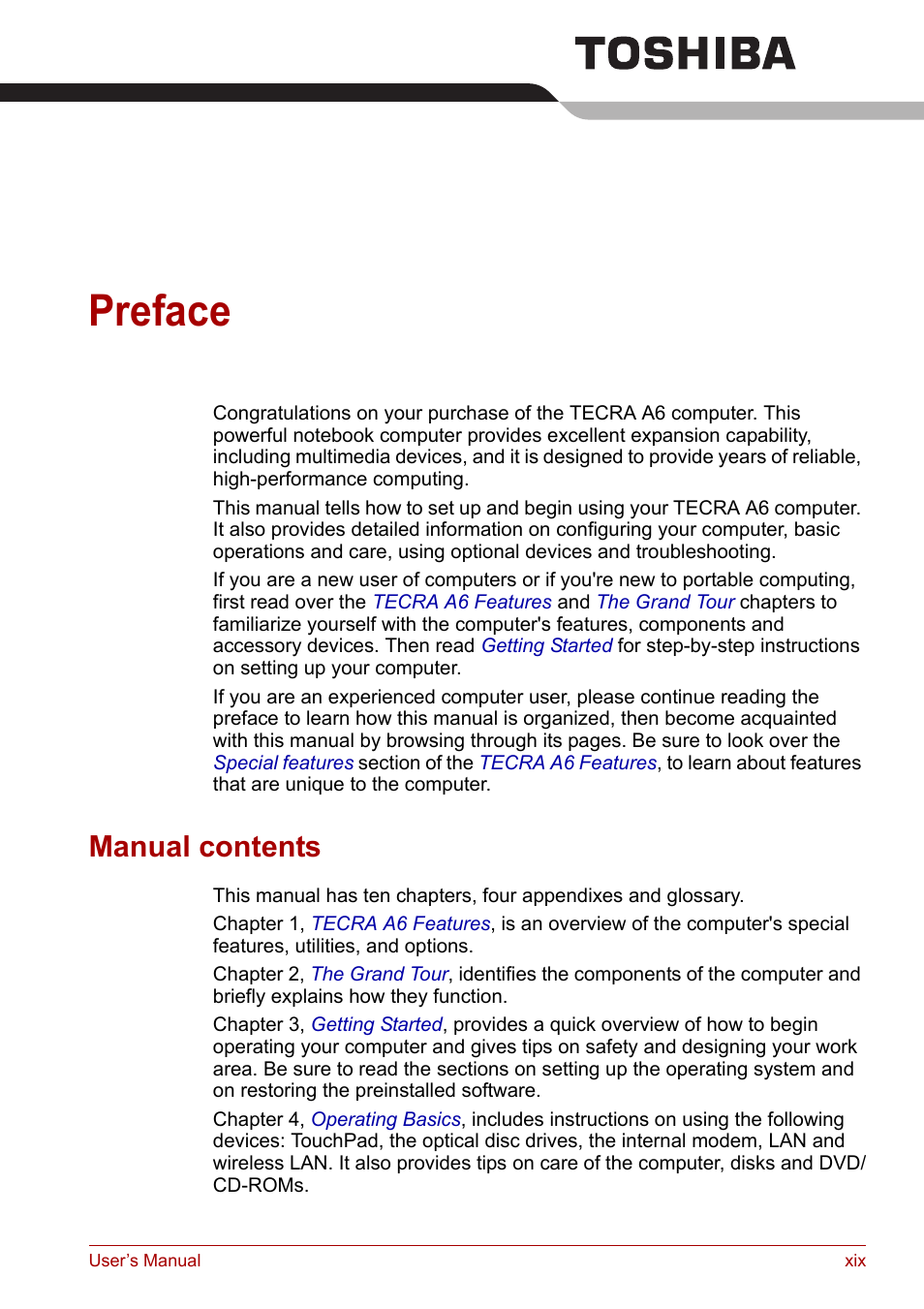 Preface, Manual contents | Toshiba Tecra A6 (PTA60E) User Manual | Page 19 / 165