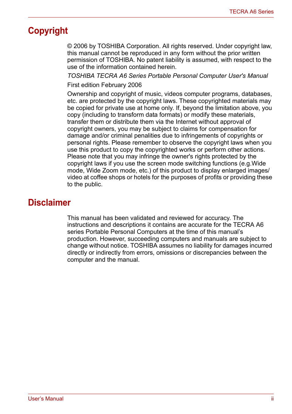 Copyright, Disclaimer | Toshiba Tecra A6 (PTA60E) User Manual | Page 2 / 165