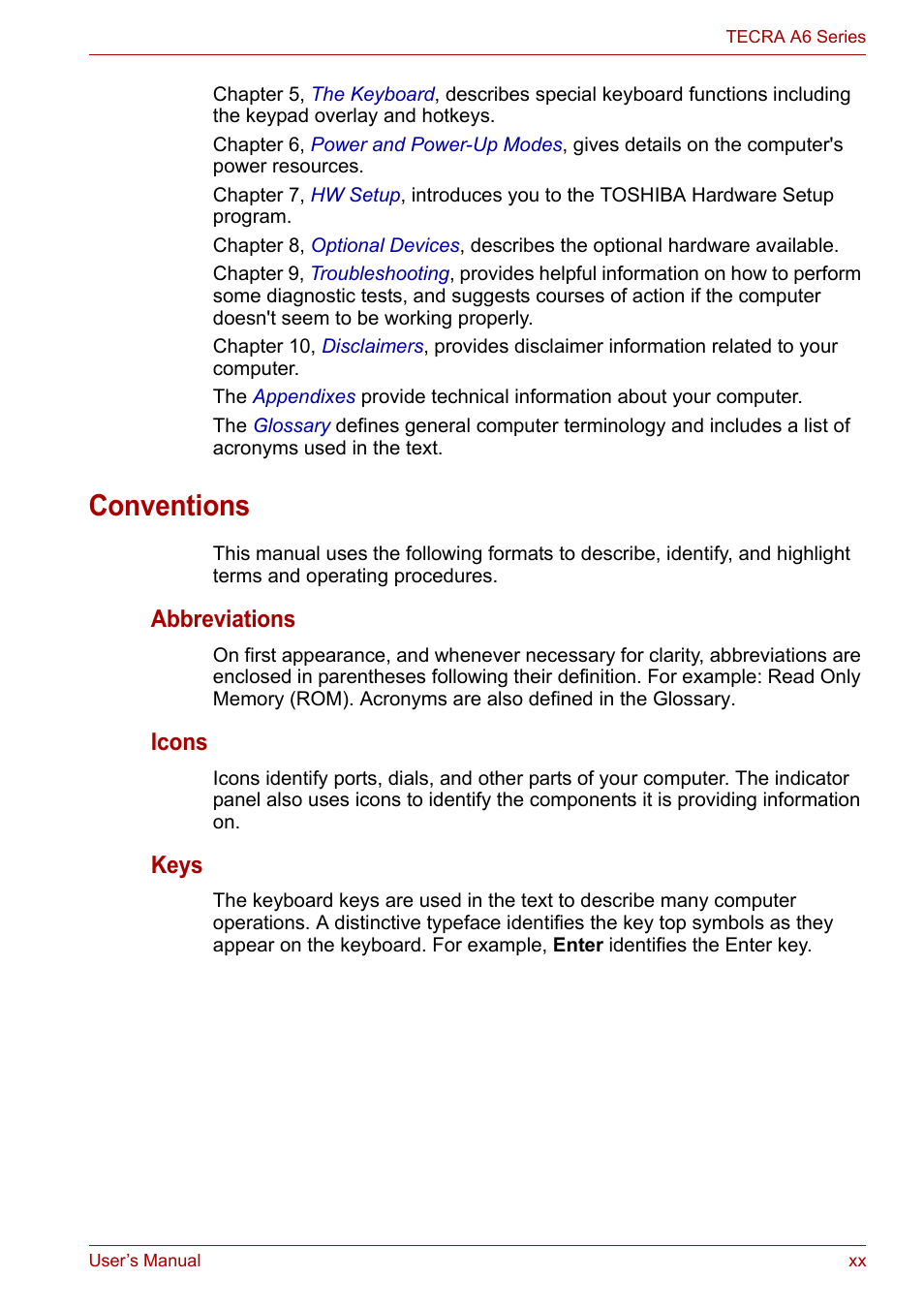 Conventions, Abbreviations, Icons | Keys | Toshiba Tecra A6 (PTA60E) User Manual | Page 20 / 165