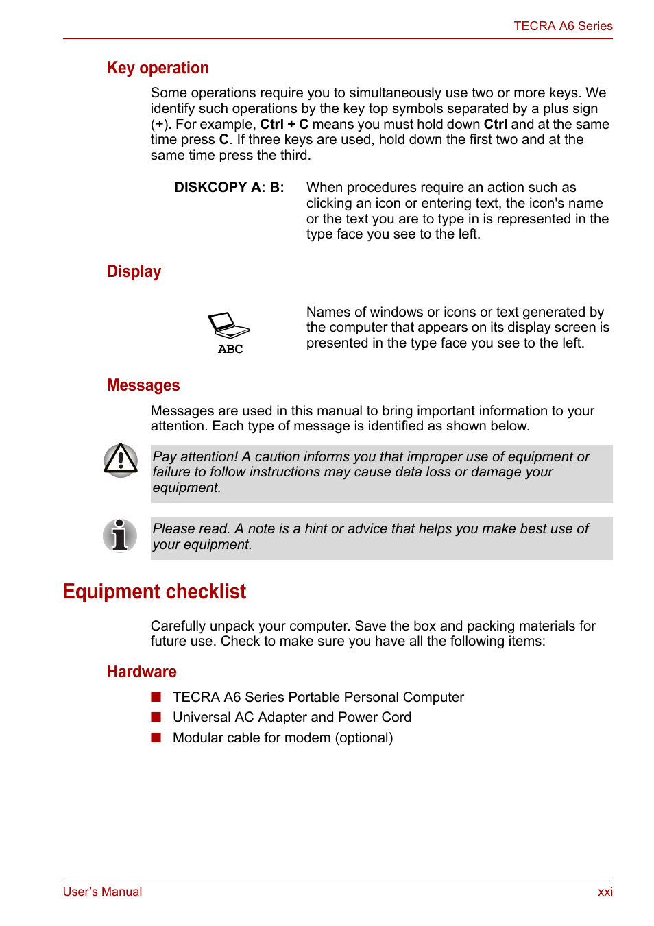 Equipment checklist, Key operation, Display messages | Hardware | Toshiba Tecra A6 (PTA60E) User Manual | Page 21 / 165