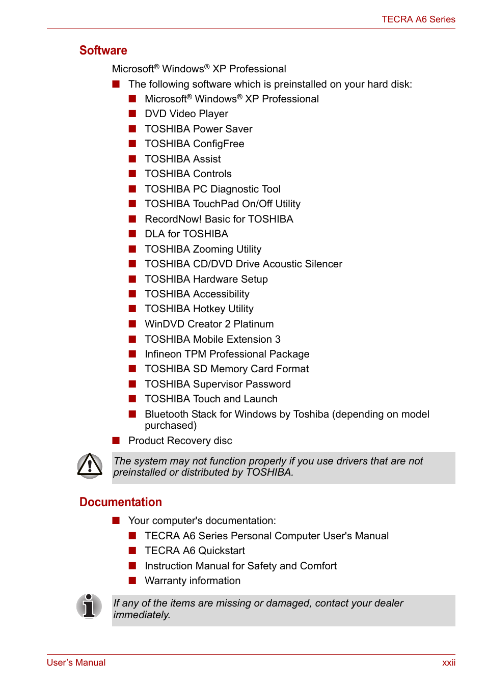 Software, Documentation | Toshiba Tecra A6 (PTA60E) User Manual | Page 22 / 165