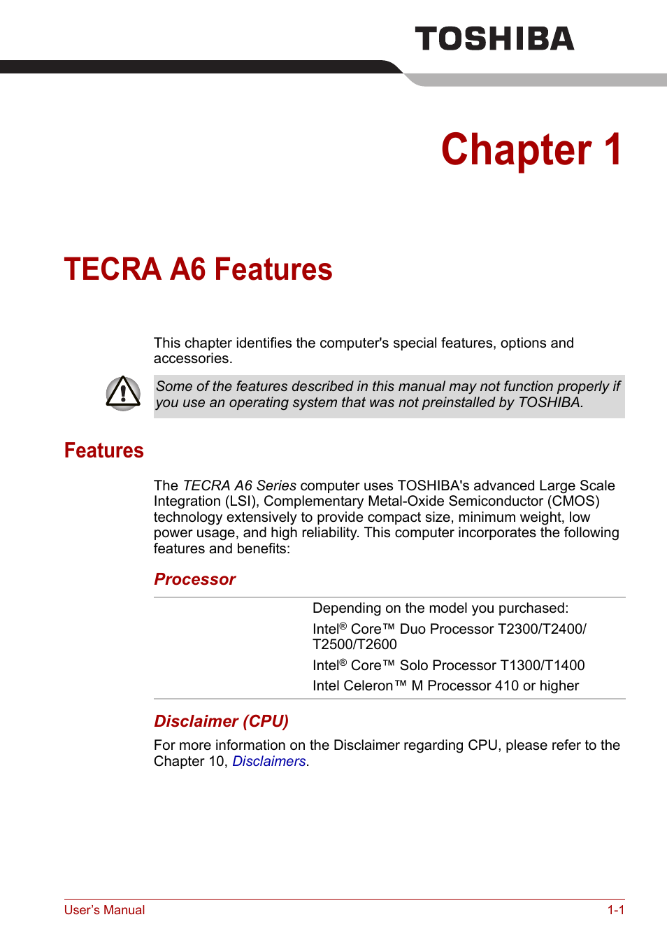Chapter 1: tecra a6 features, Features, Chapter 1 | Tecra a6 features, Features -1, Of the | Toshiba Tecra A6 (PTA60E) User Manual | Page 23 / 165