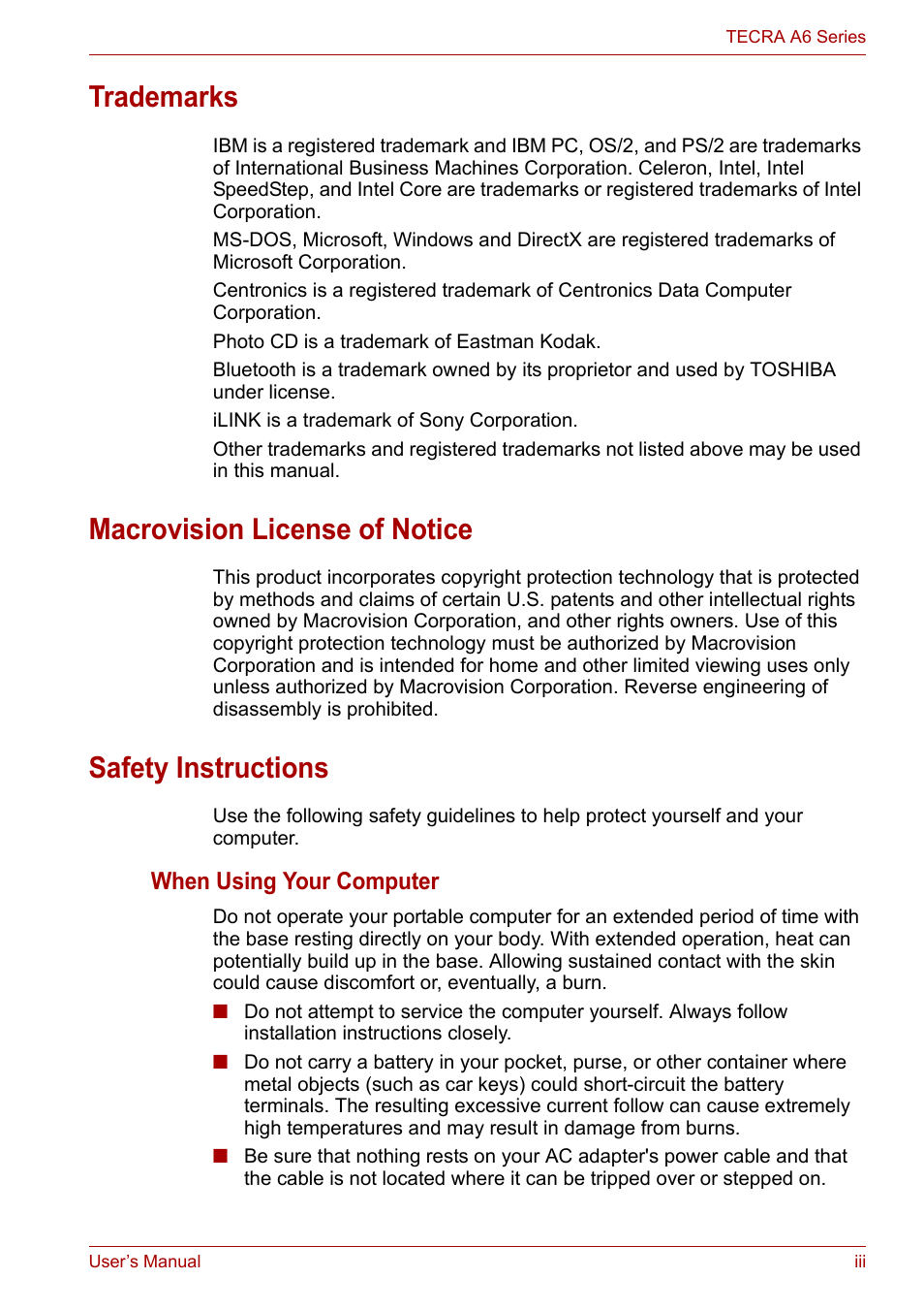 Trademarks, Macrovision license of notice, Safety instructions | Toshiba Tecra A6 (PTA60E) User Manual | Page 3 / 165