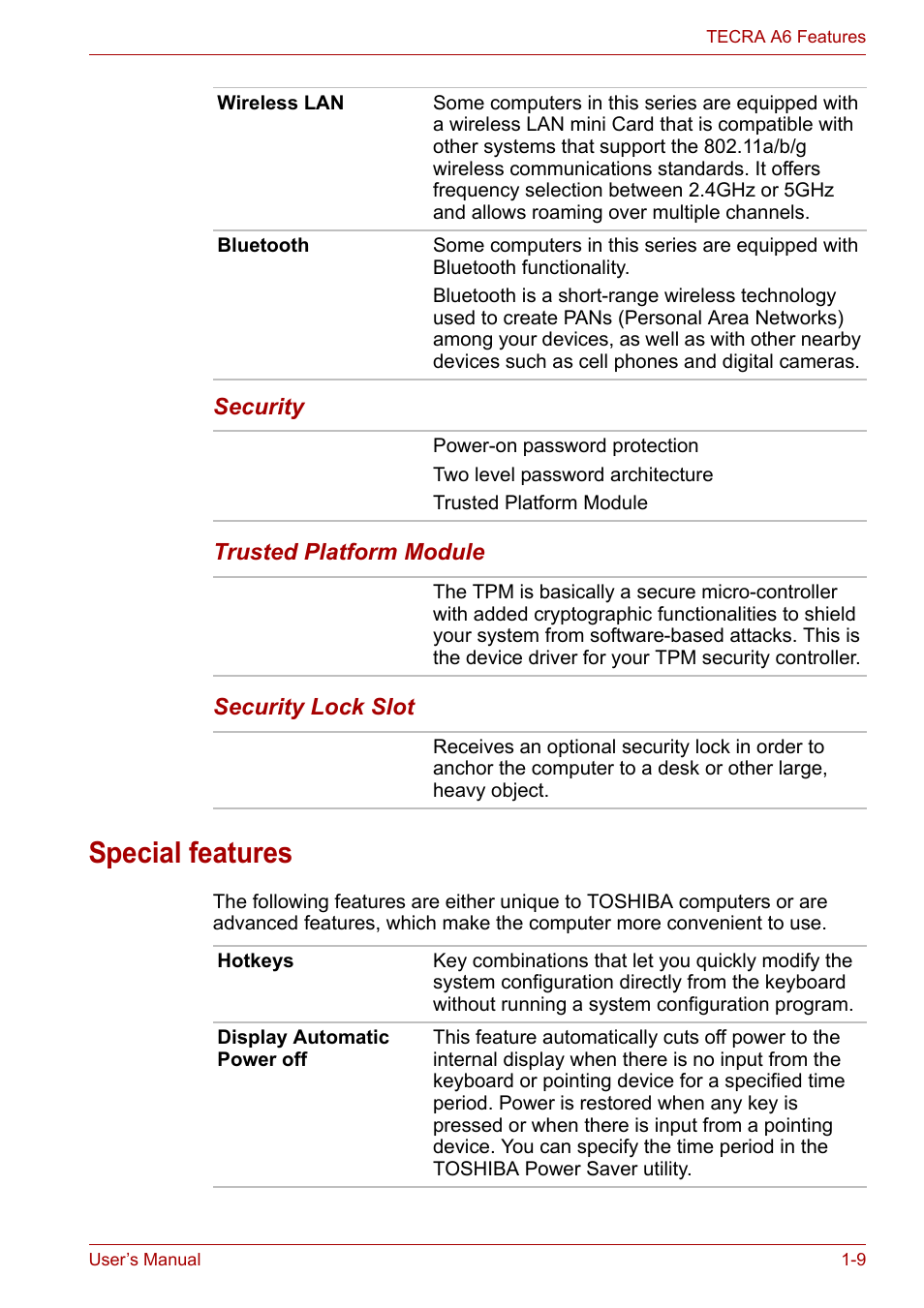 Special features, Special features -9 | Toshiba Tecra A6 (PTA60E) User Manual | Page 31 / 165