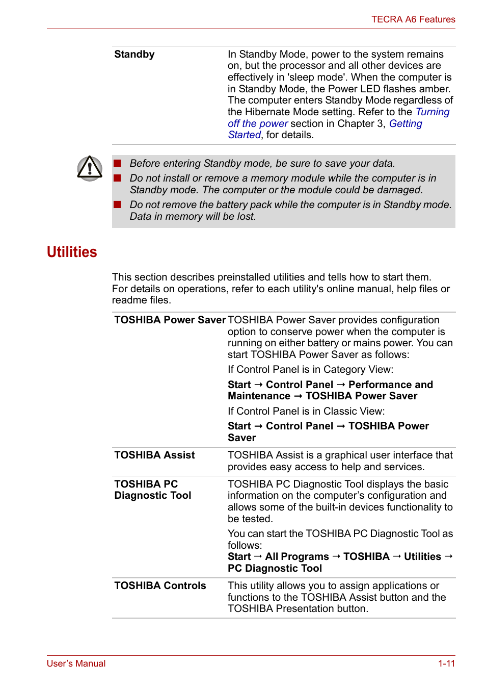 Utilities, Utilities -11 | Toshiba Tecra A6 (PTA60E) User Manual | Page 33 / 165