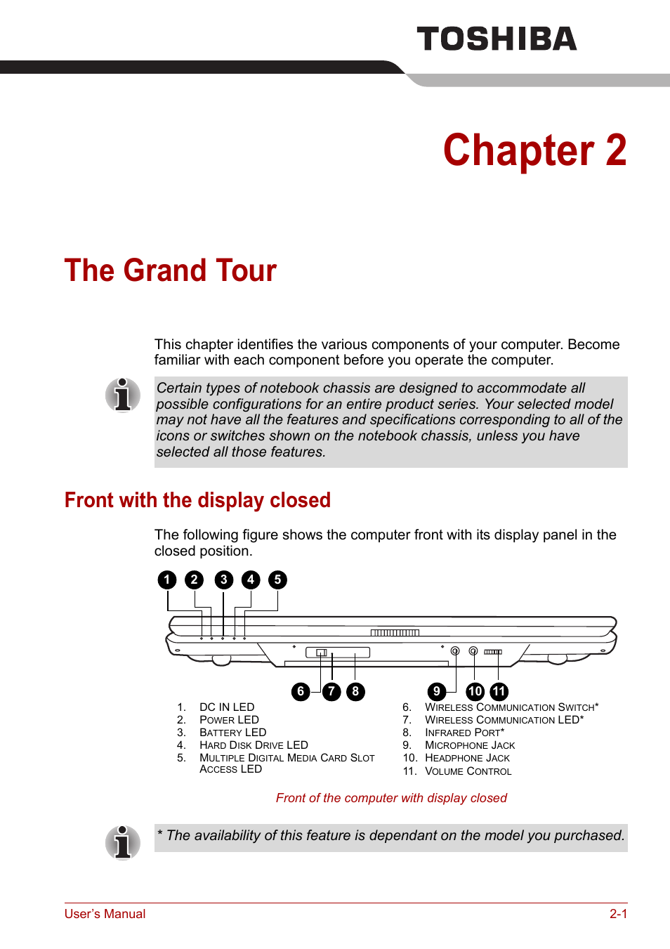 Chapter 2: the grand tour, Front with the display closed, Chapter 2 | The grand tour, Front with the display closed -1, Ter 2 | Toshiba Tecra A6 (PTA60E) User Manual | Page 37 / 165