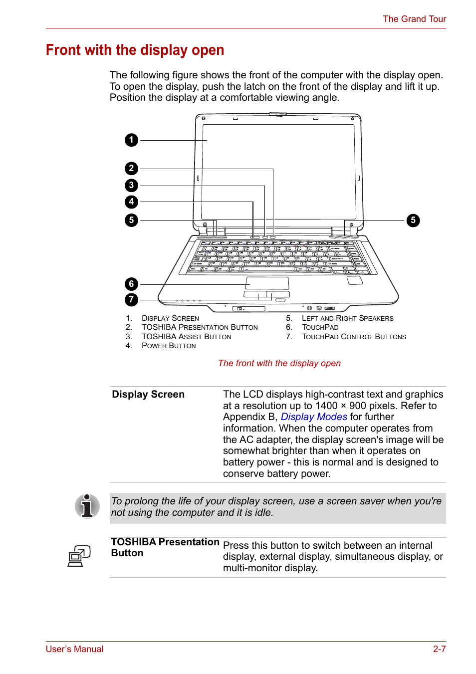Front with the display open, Front with the display open -7 | Toshiba Tecra A6 (PTA60E) User Manual | Page 43 / 165