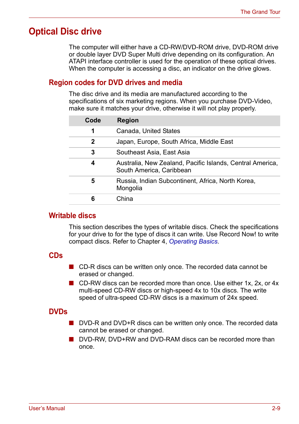 Optical disc drive, Optical disc drive -9, Region codes for dvd drives and media | Writable discs, Dvds | Toshiba Tecra A6 (PTA60E) User Manual | Page 45 / 165