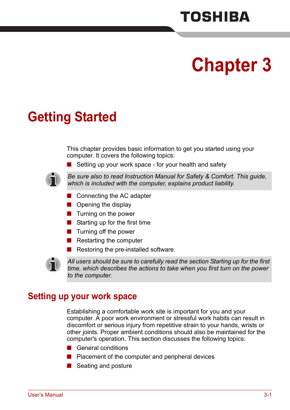 Chapter 3: getting started, Setting up your work space, Chapter 3 | Getting started, Setting up your work space -1, Provi, Getting, Started | Toshiba Tecra A6 (PTA60E) User Manual | Page 48 / 165