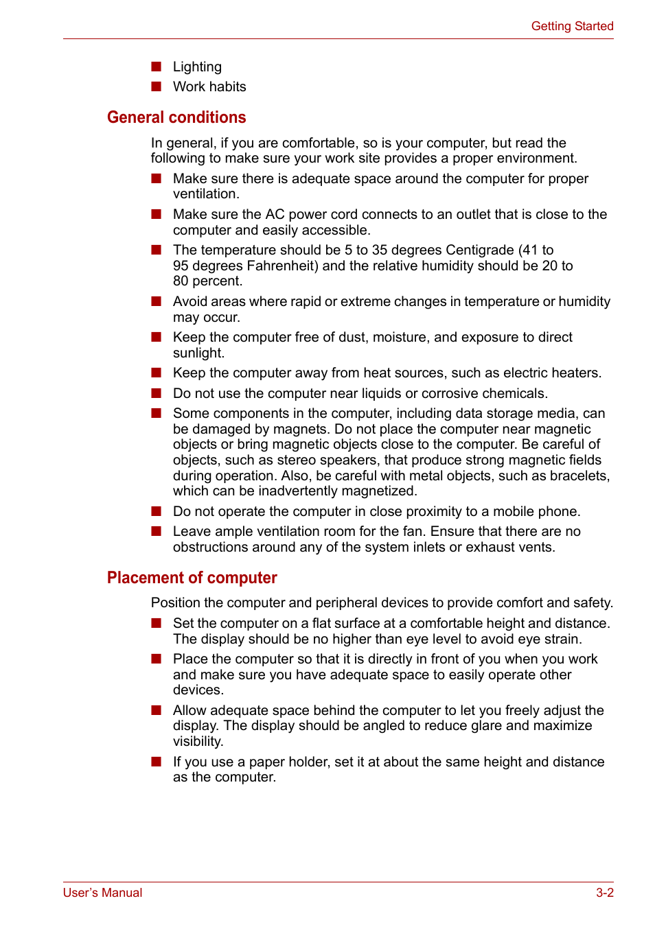 General conditions, Placement of computer | Toshiba Tecra A6 (PTA60E) User Manual | Page 49 / 165