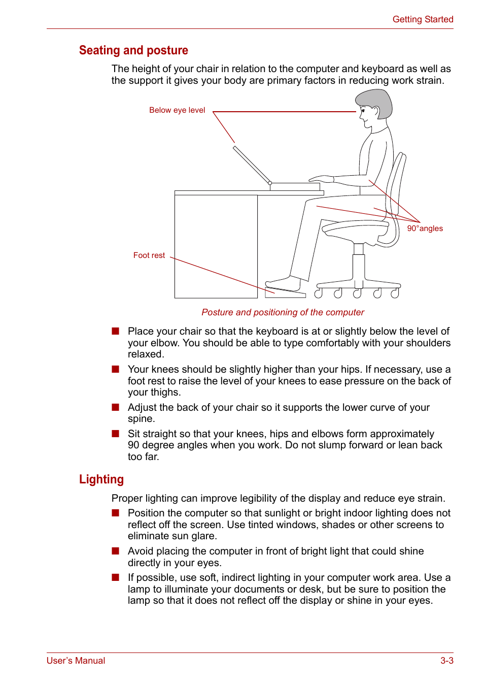 Seating and posture, Lighting | Toshiba Tecra A6 (PTA60E) User Manual | Page 50 / 165