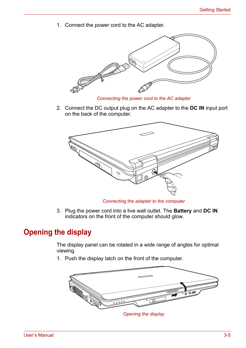 Opening the display, Opening the display -5 | Toshiba Tecra A6 (PTA60E) User Manual | Page 52 / 165