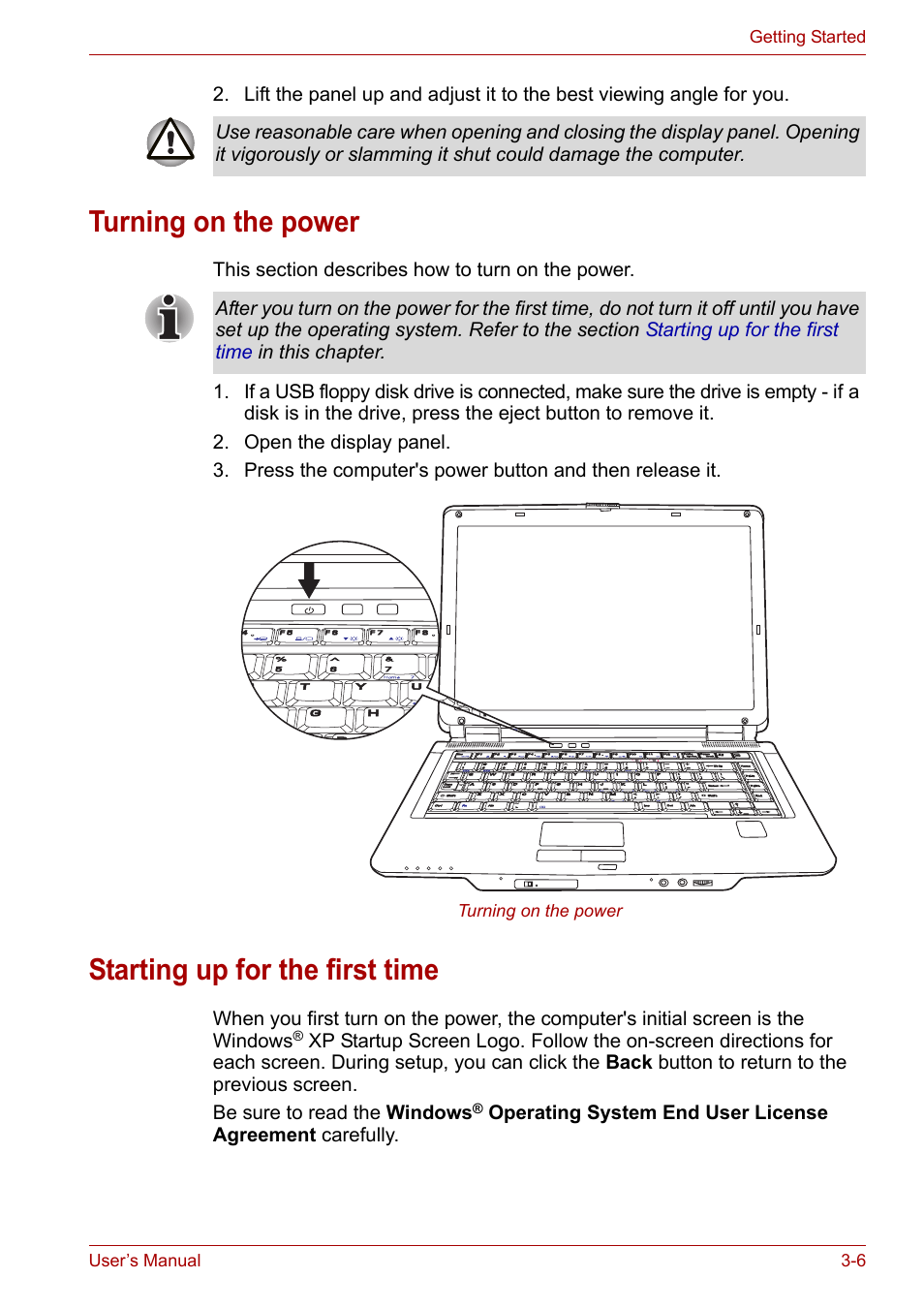 Turning on the power, Starting up for the first time | Toshiba Tecra A6 (PTA60E) User Manual | Page 53 / 165
