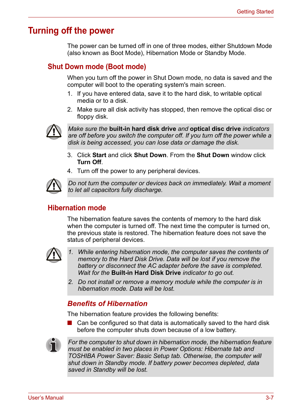 Turning off the power, Turning off the power -7, To the | Turning, Off the power, Shut down mode (boot mode), Hibernation mode | Toshiba Tecra A6 (PTA60E) User Manual | Page 54 / 165