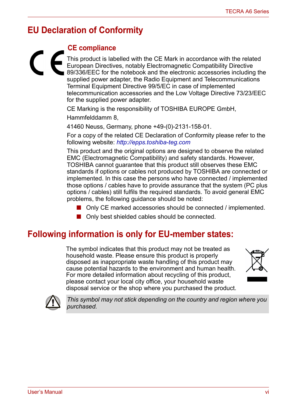 Ce compliance | Toshiba Tecra A6 (PTA60E) User Manual | Page 6 / 165