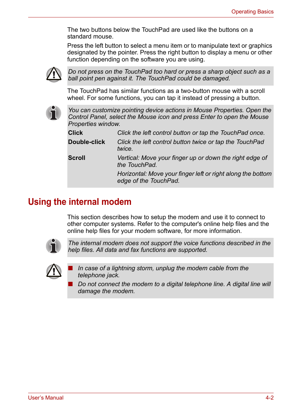 Using the internal modem, Using the internal modem -2 | Toshiba Tecra A6 (PTA60E) User Manual | Page 60 / 165