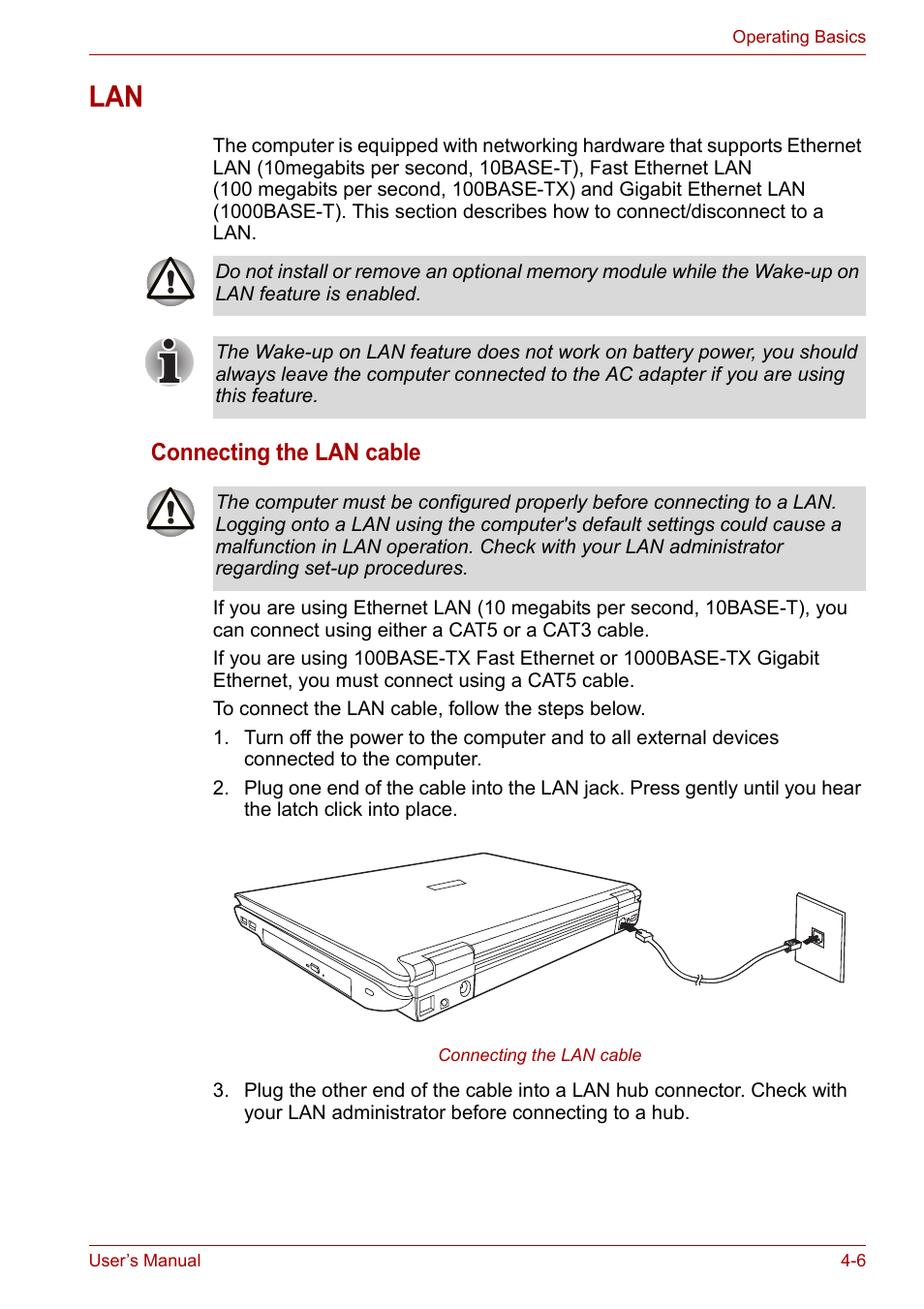 Lan -6, Connecting the lan cable | Toshiba Tecra A6 (PTA60E) User Manual | Page 64 / 165