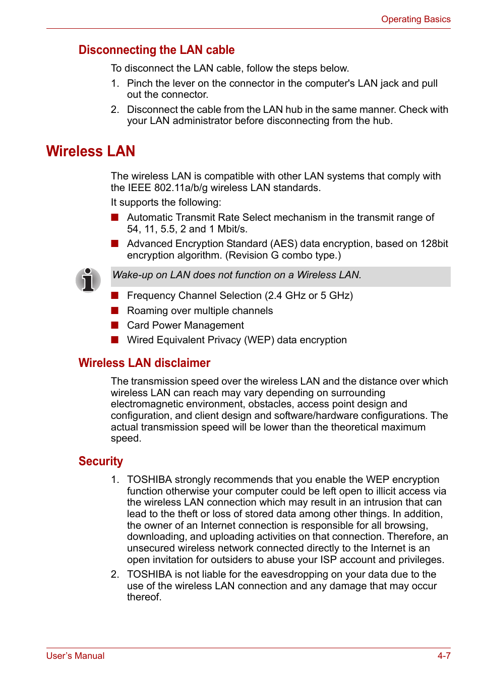 Wireless lan, Wireless lan -7, Disconnecting the lan cable | Wireless lan disclaimer, Security | Toshiba Tecra A6 (PTA60E) User Manual | Page 65 / 165