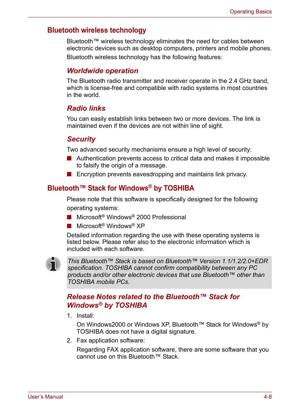 Bluetooth wireless technology, Bluetooth™ stack for windows, By toshiba | Toshiba Tecra A6 (PTA60E) User Manual | Page 66 / 165