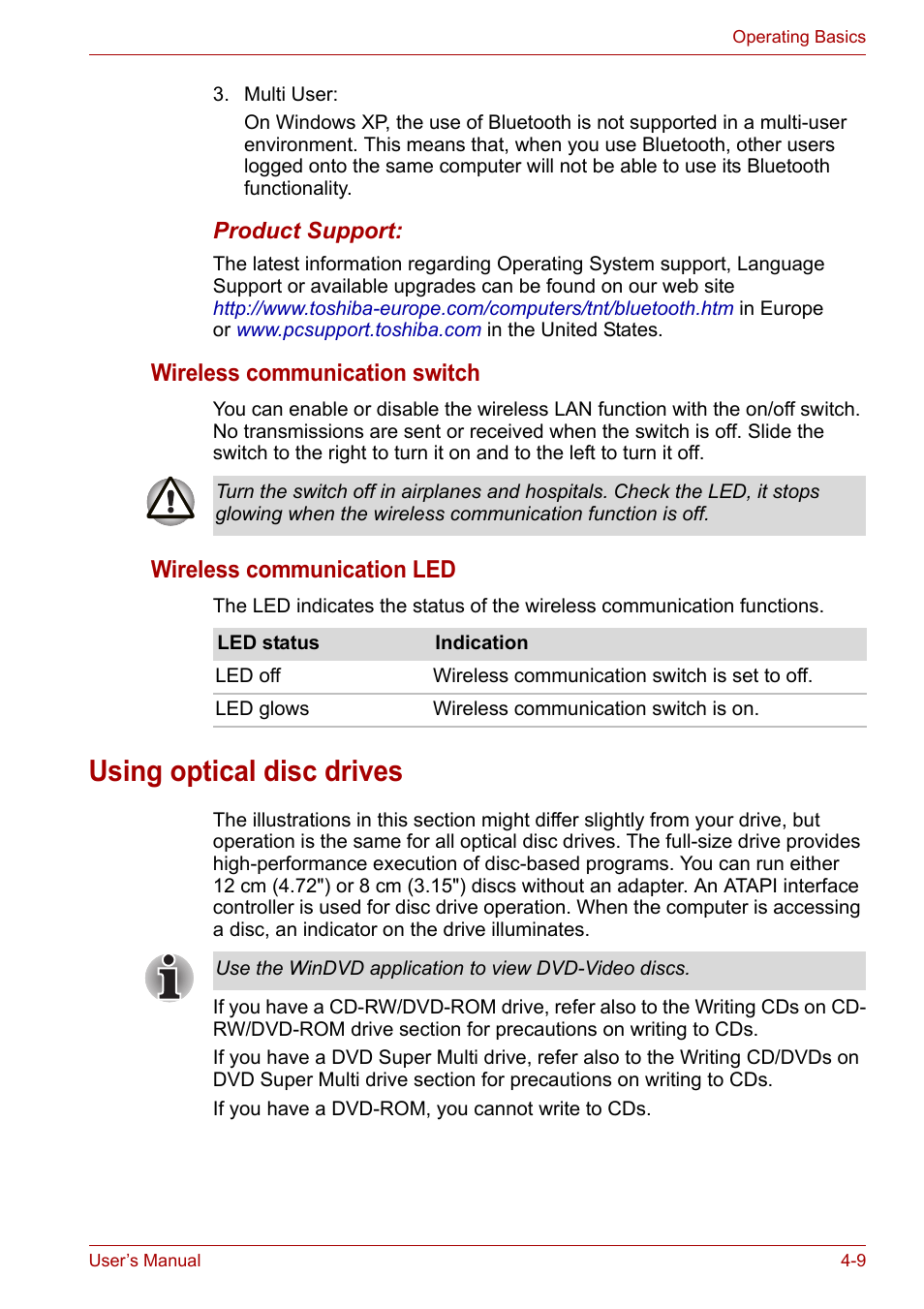 Using optical disc drives, Using optical disc drives -9, Wireless communication switch | Wireless communication led | Toshiba Tecra A6 (PTA60E) User Manual | Page 67 / 165